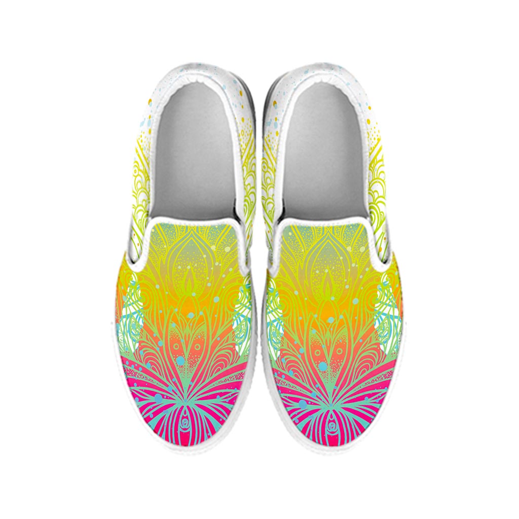 Colorful Buddha Lotus Print White Slip On Sneakers