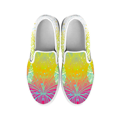 Colorful Buddha Lotus Print White Slip On Sneakers