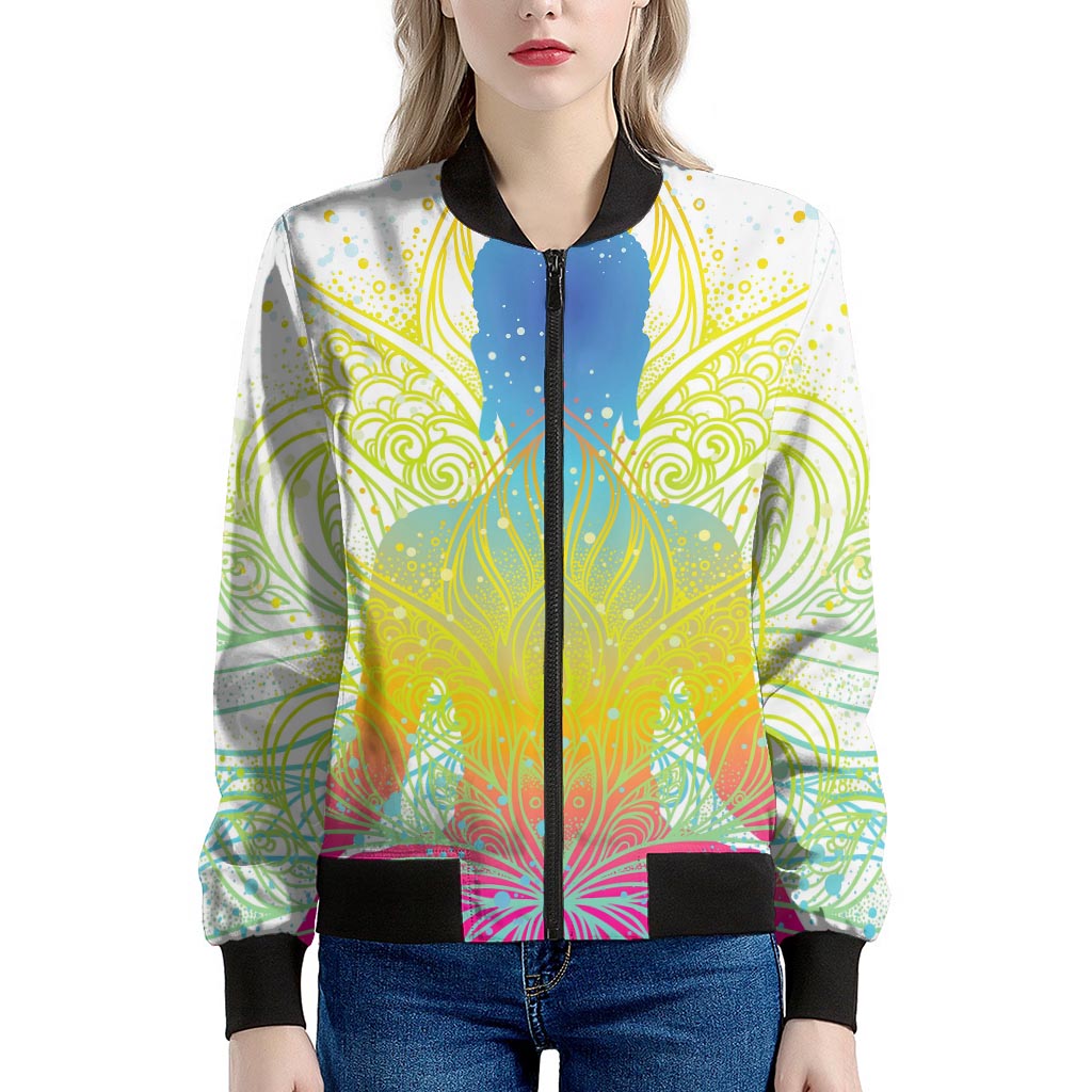 Colorful Buddha Lotus Print Women's Bomber Jacket