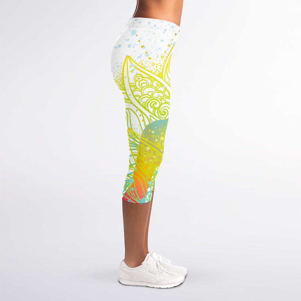 Colorful Buddha Lotus Print Women's Capri Leggings