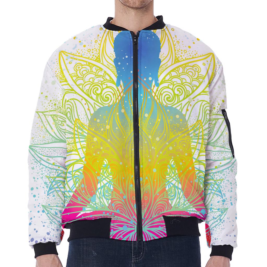 Colorful Buddha Lotus Print Zip Sleeve Bomber Jacket