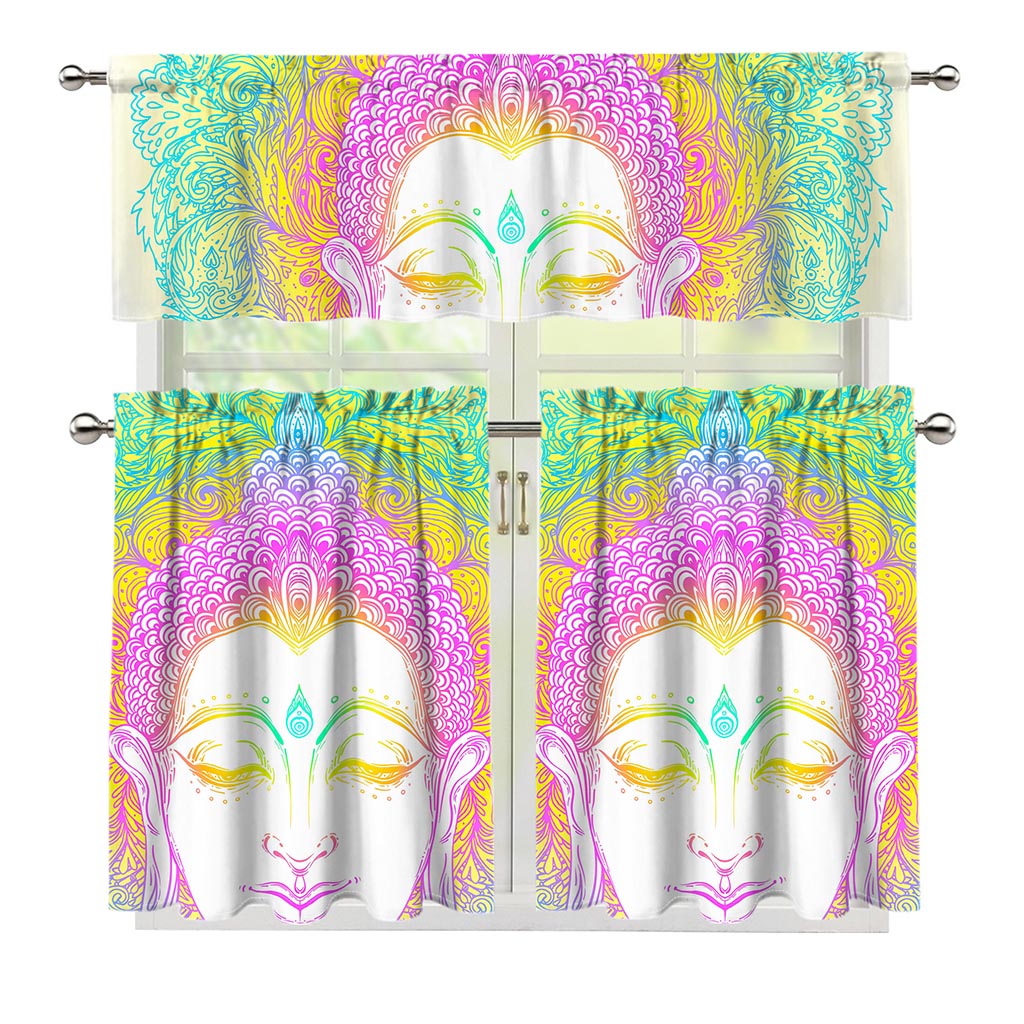 Colorful Buddha Mandala Print 3 Piece Kitchen Curtains