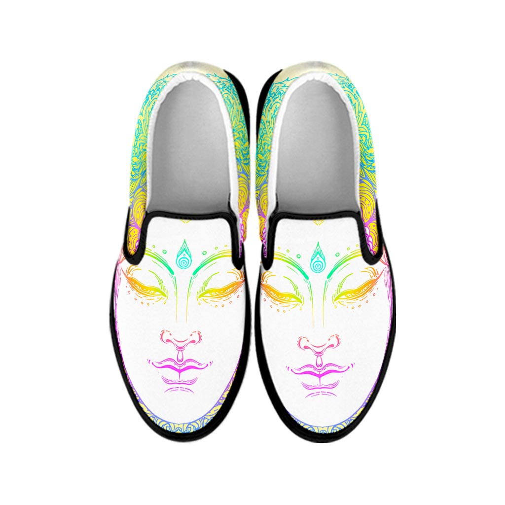 Colorful Buddha Mandala Print Black Slip On Sneakers