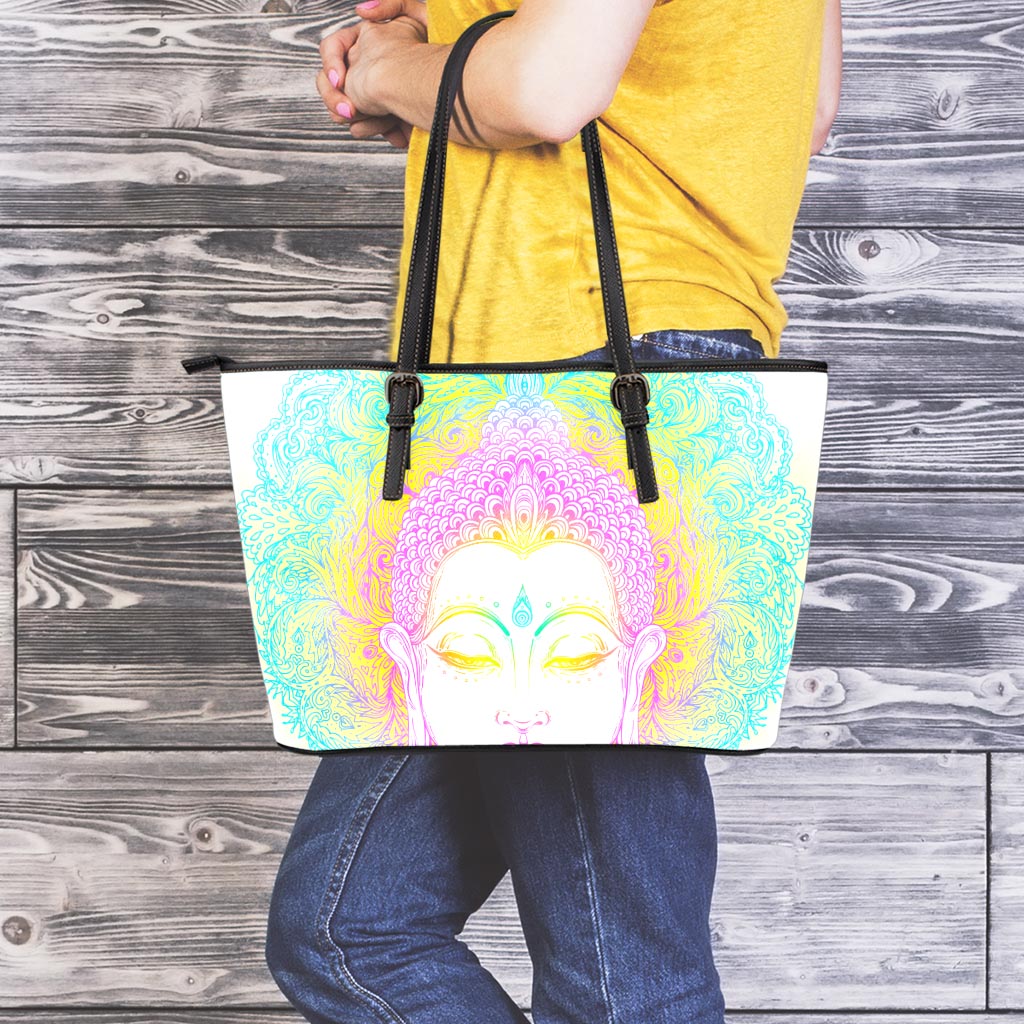 Colorful Buddha Mandala Print Leather Tote Bag