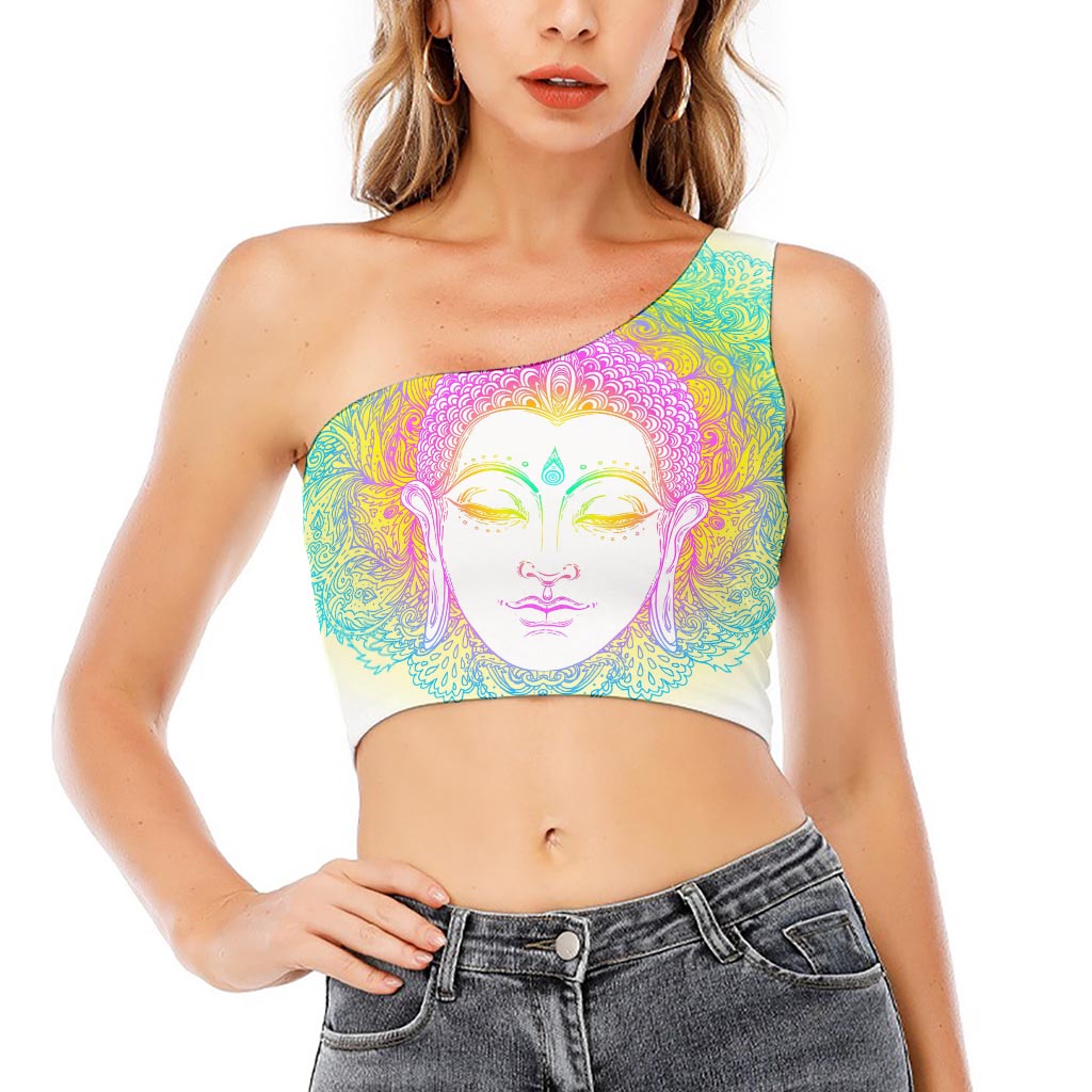 Colorful Buddha Mandala Print One Shoulder Crop Top