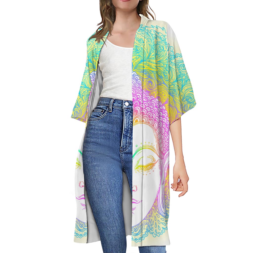 Colorful Buddha Mandala Print Open Front Beach Cover Up