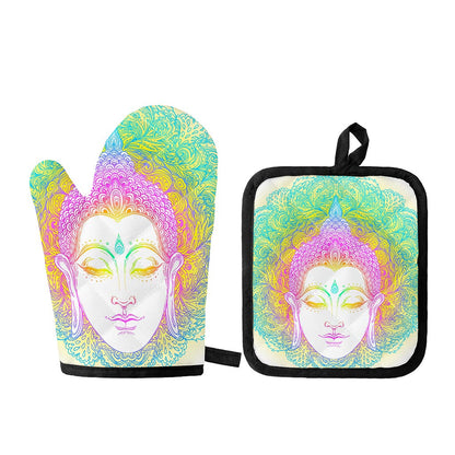 Colorful Buddha Mandala Print Oven Mitt And Pot Holder Set