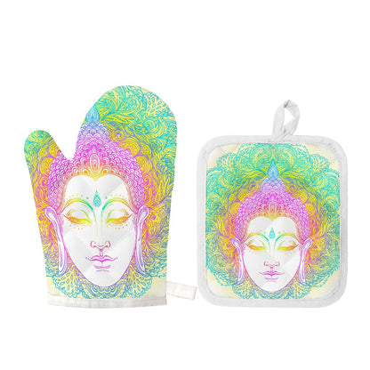 Colorful Buddha Mandala Print Oven Mitt And Pot Holder Set