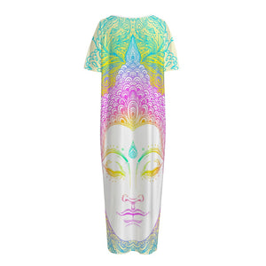 Colorful Buddha Mandala Print Short Sleeve Long Nightdress