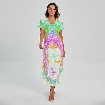 Colorful Buddha Mandala Print Short Sleeve Maxi Dress