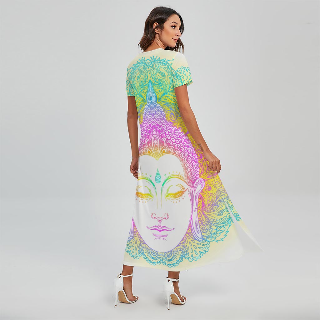 Colorful Buddha Mandala Print Short Sleeve Maxi Dress