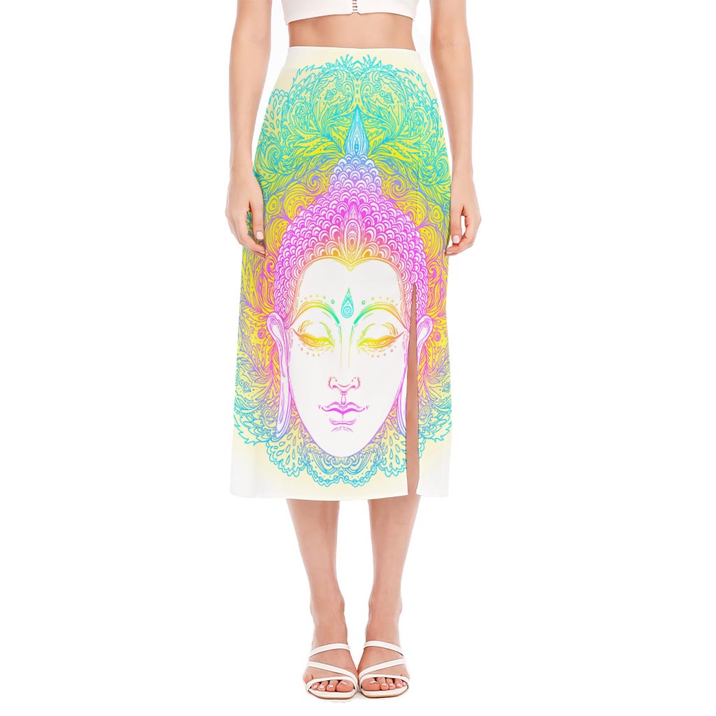 Colorful Buddha Mandala Print Side Slit Midi Skirt