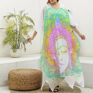 Colorful Buddha Mandala Print Silk V-Neck Kaftan Dress