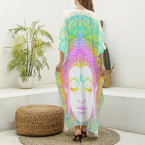 Colorful Buddha Mandala Print Silk V-Neck Kaftan Dress