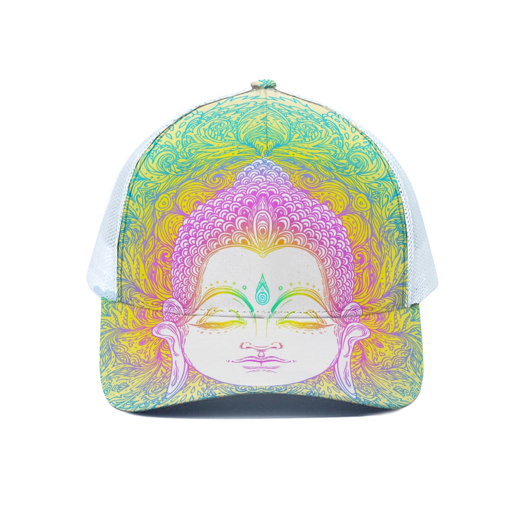 Colorful Buddha Mandala Print White Mesh Trucker Cap