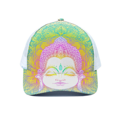 Colorful Buddha Mandala Print White Mesh Trucker Cap