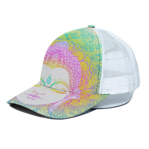 Colorful Buddha Mandala Print White Mesh Trucker Cap