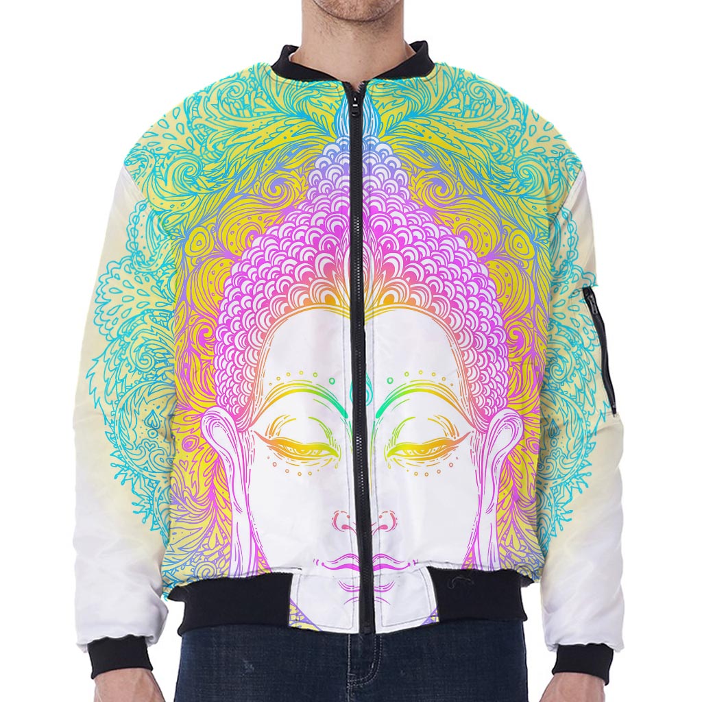 Colorful Buddha Mandala Print Zip Sleeve Bomber Jacket