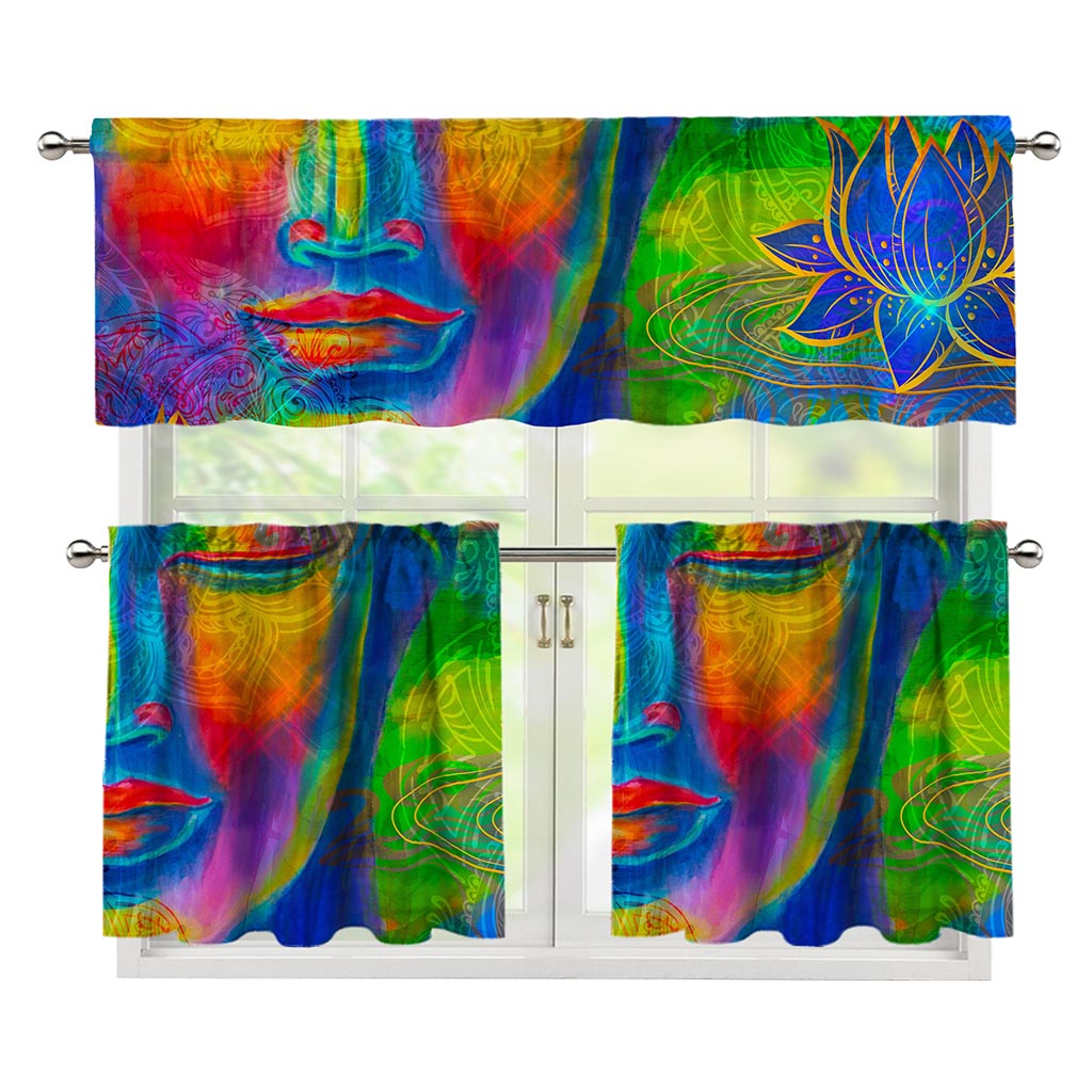 Colorful Buddha Print 3 Piece Kitchen Curtains