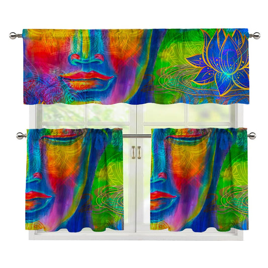 Colorful Buddha Print 3 Piece Kitchen Curtains