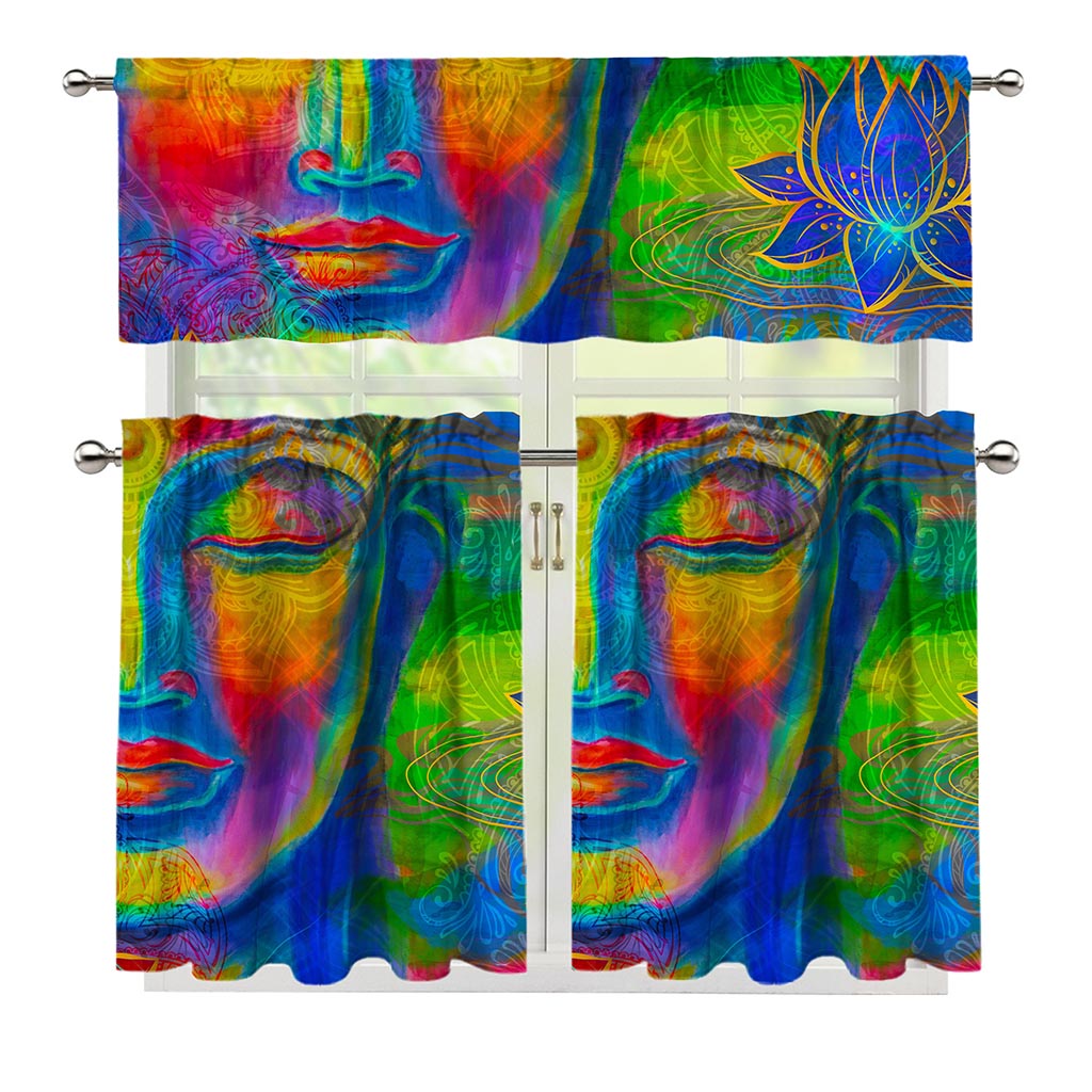 Colorful Buddha Print 3 Piece Kitchen Curtains