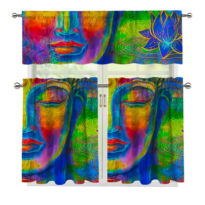 Colorful Buddha Print 3 Piece Kitchen Curtains