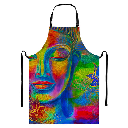 Colorful Buddha Print Bib Apron With Pocket