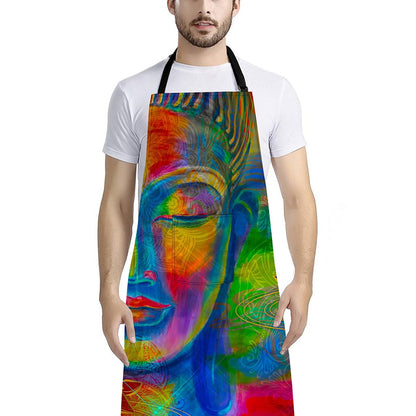 Colorful Buddha Print Bib Apron With Pocket