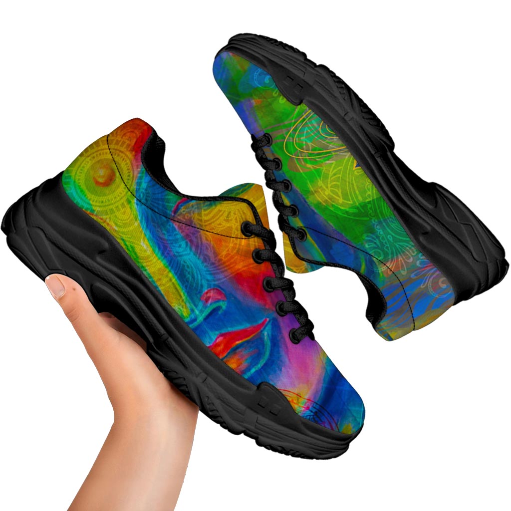 Colorful Buddha Print Black Chunky Shoes