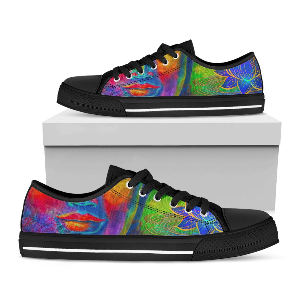 Colorful Buddha Print Black Low Top Sneakers