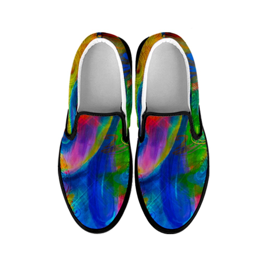 Colorful Buddha Print Black Slip On Sneakers