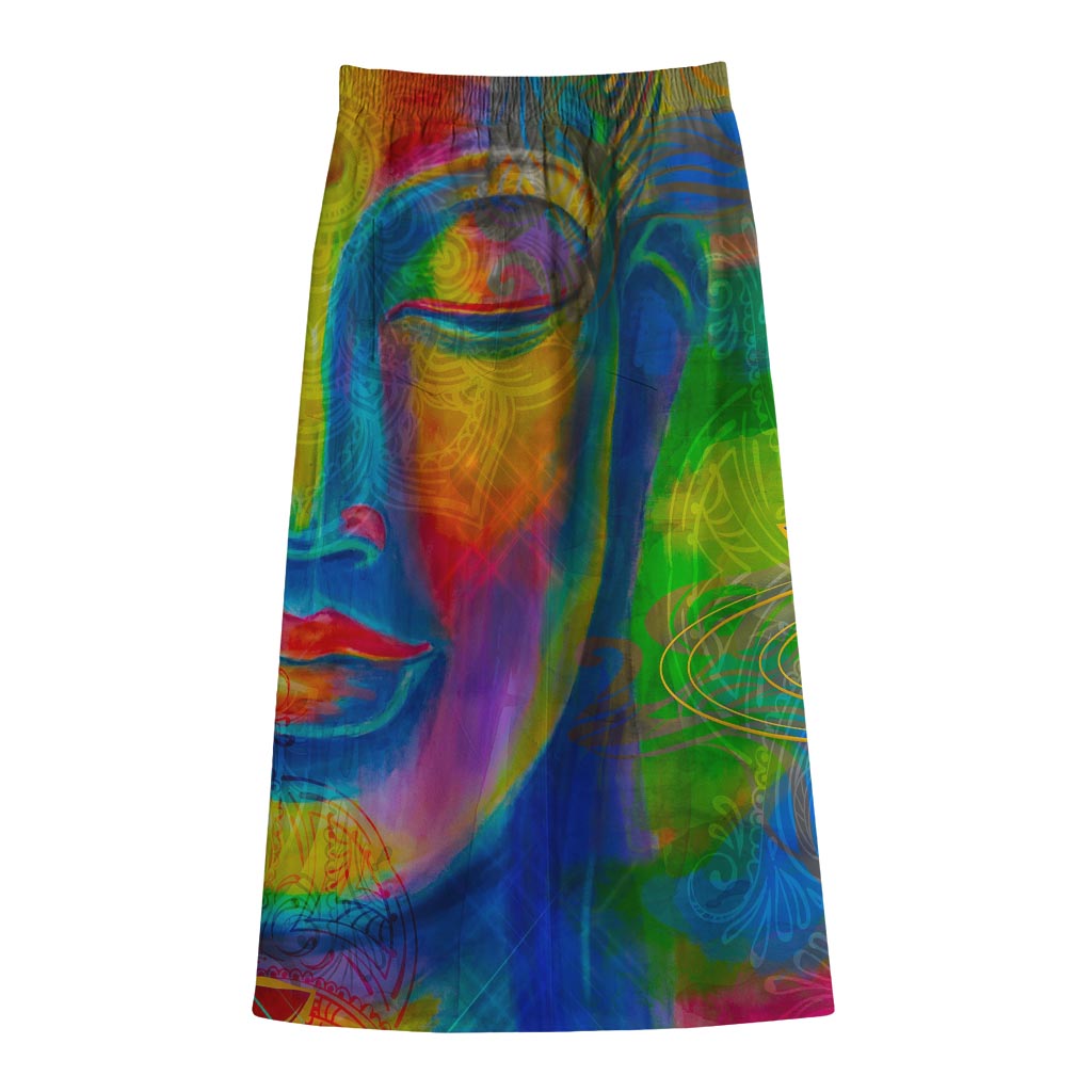 Colorful Buddha Print Cotton Front Slit Maxi Skirt