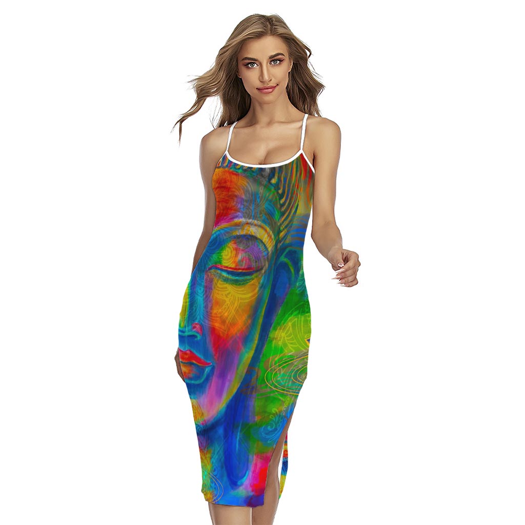 Colorful Buddha Print Cross Back Cami Dress