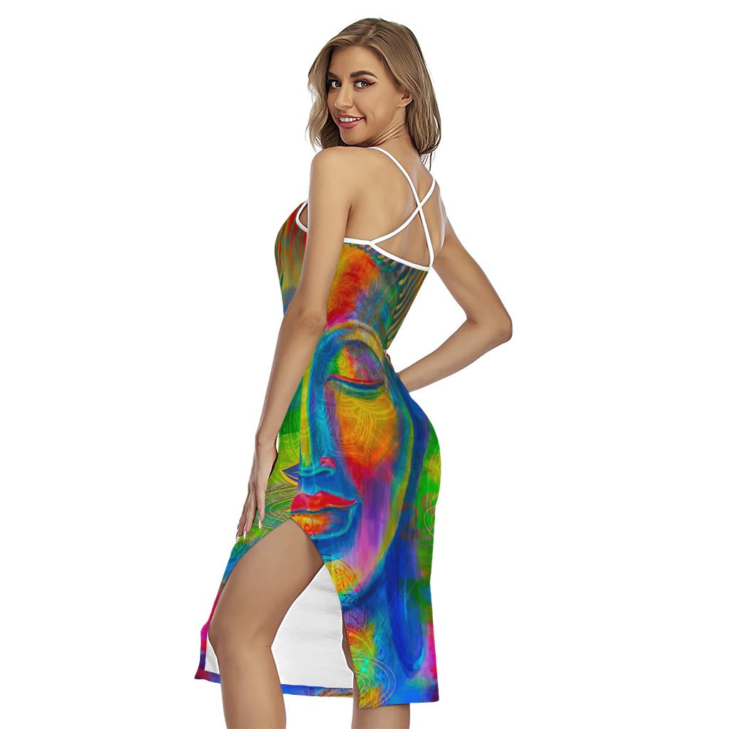 Colorful Buddha Print Cross Back Cami Dress