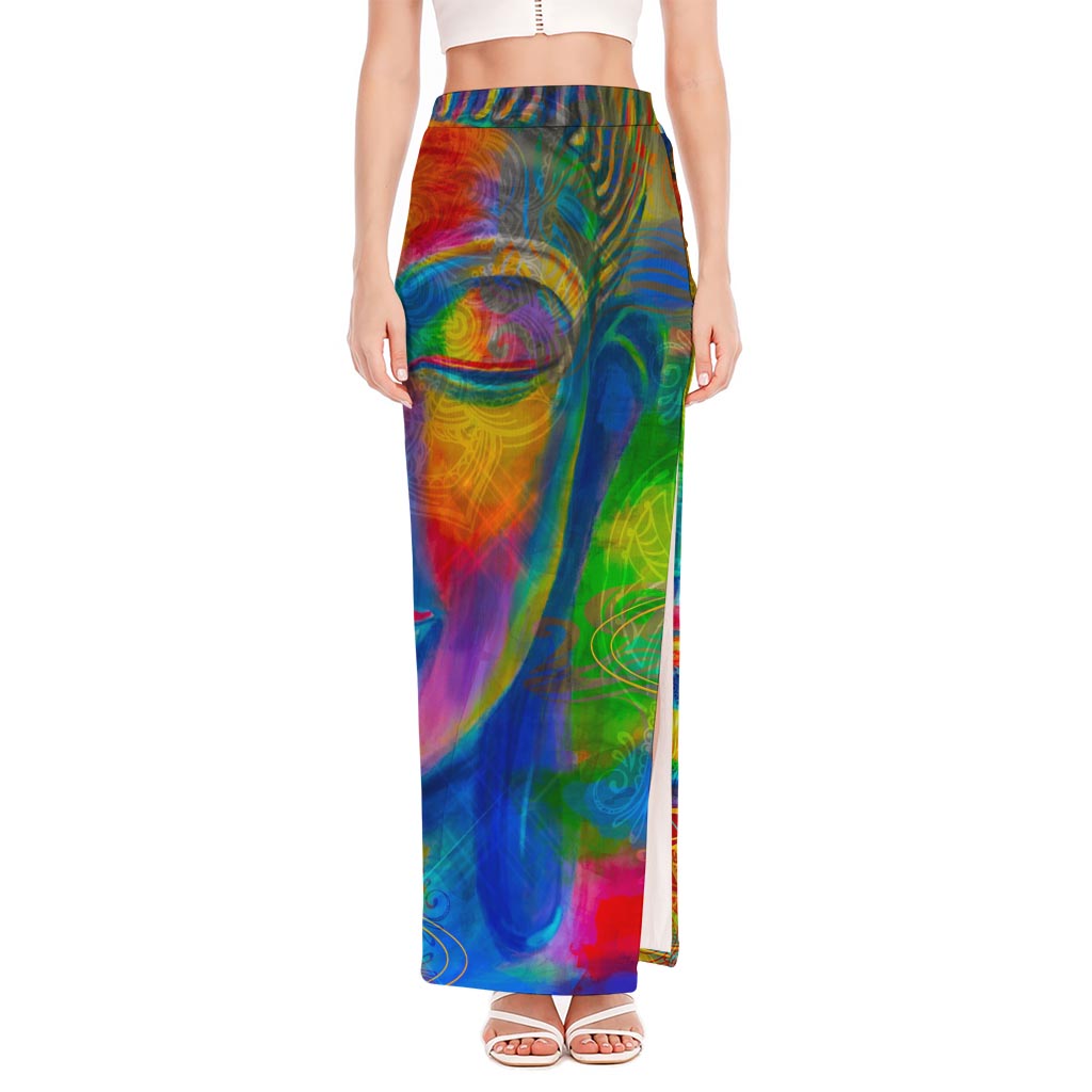 Colorful Buddha Print High Slit Maxi Skirt