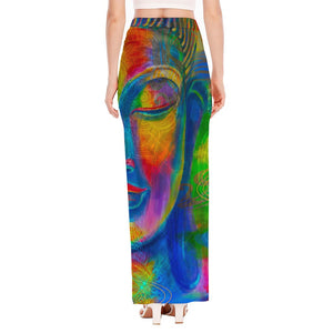 Colorful Buddha Print High Slit Maxi Skirt