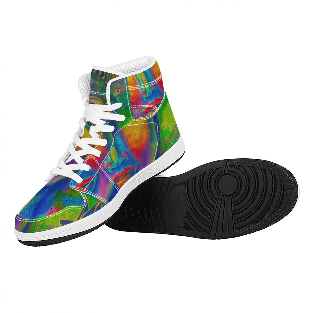 Colorful Buddha Print High Top Leather Sneakers