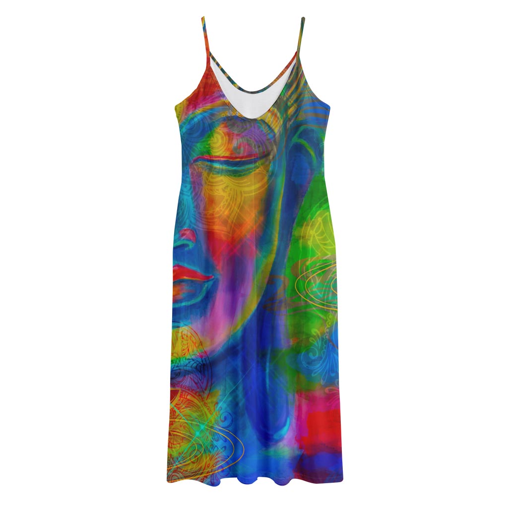 Colorful Buddha Print Jersey Midi Cami Dress