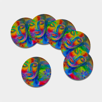 Colorful Buddha Print Leather Coaster Set
