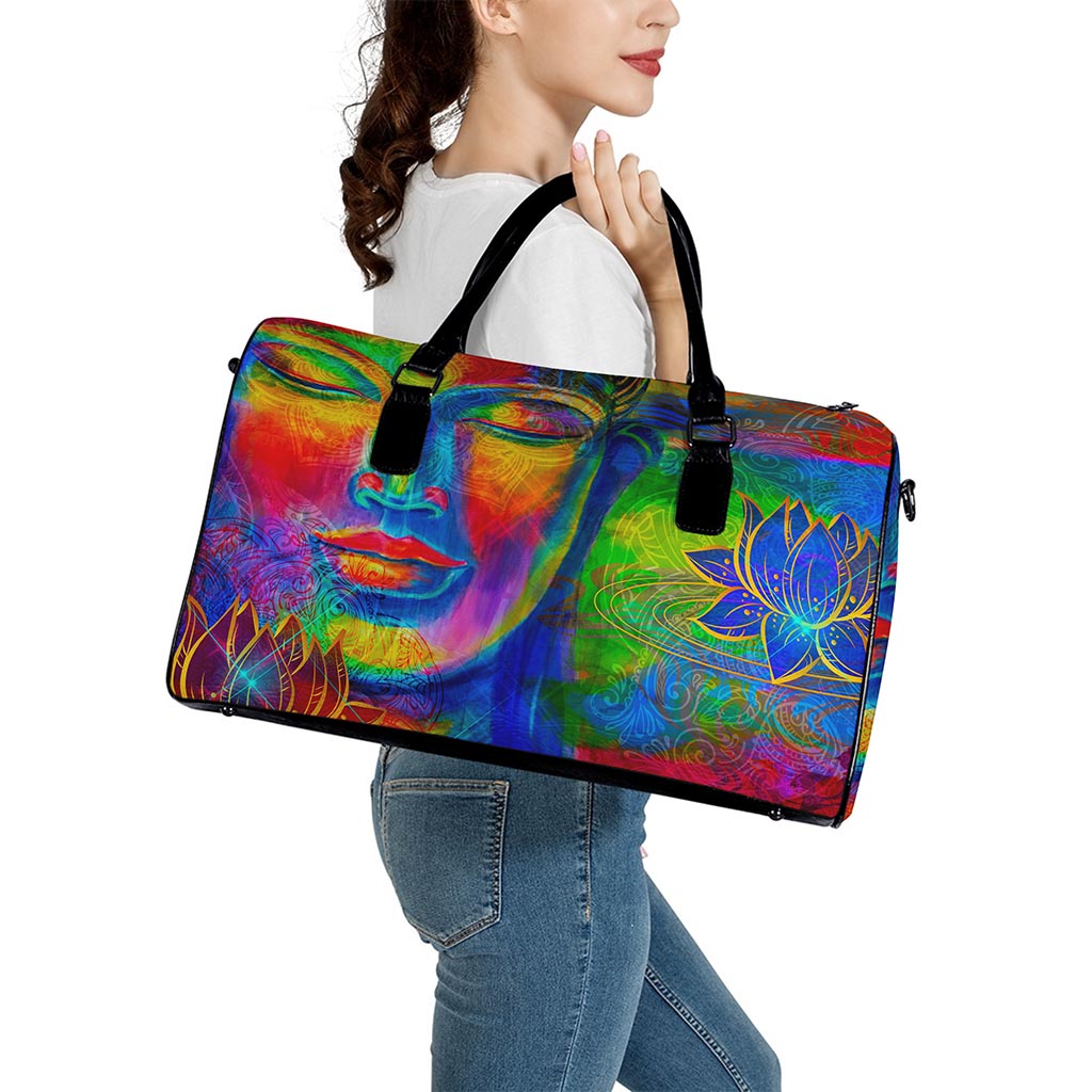 Colorful Buddha Print Leather Duffle Bag