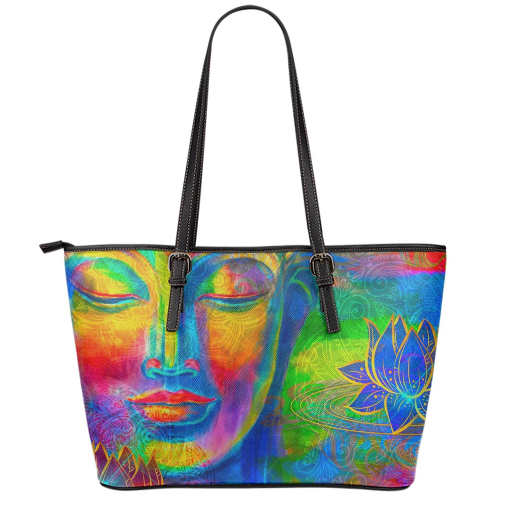 Colorful Buddha Print Leather Tote Bag