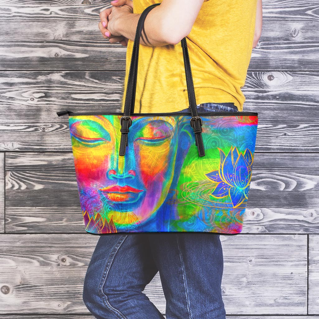 Colorful Buddha Print Leather Tote Bag