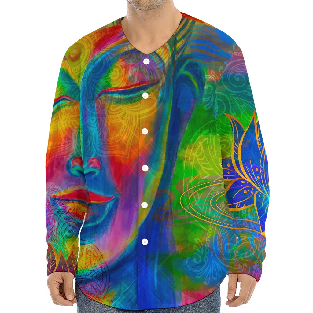 Colorful Buddha Print Long Sleeve Baseball Jersey