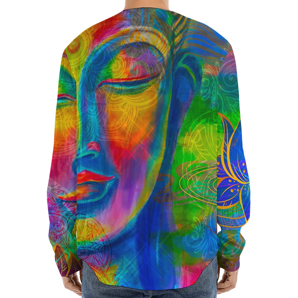 Colorful Buddha Print Long Sleeve Baseball Jersey