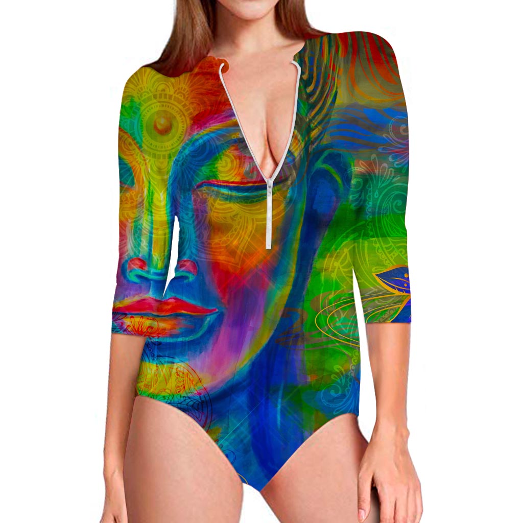 Colorful Buddha Print Long Sleeve Swimsuit