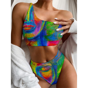 Colorful Buddha Print One Shoulder Bikini Top