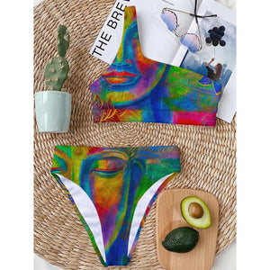 Colorful Buddha Print One Shoulder Bikini Top