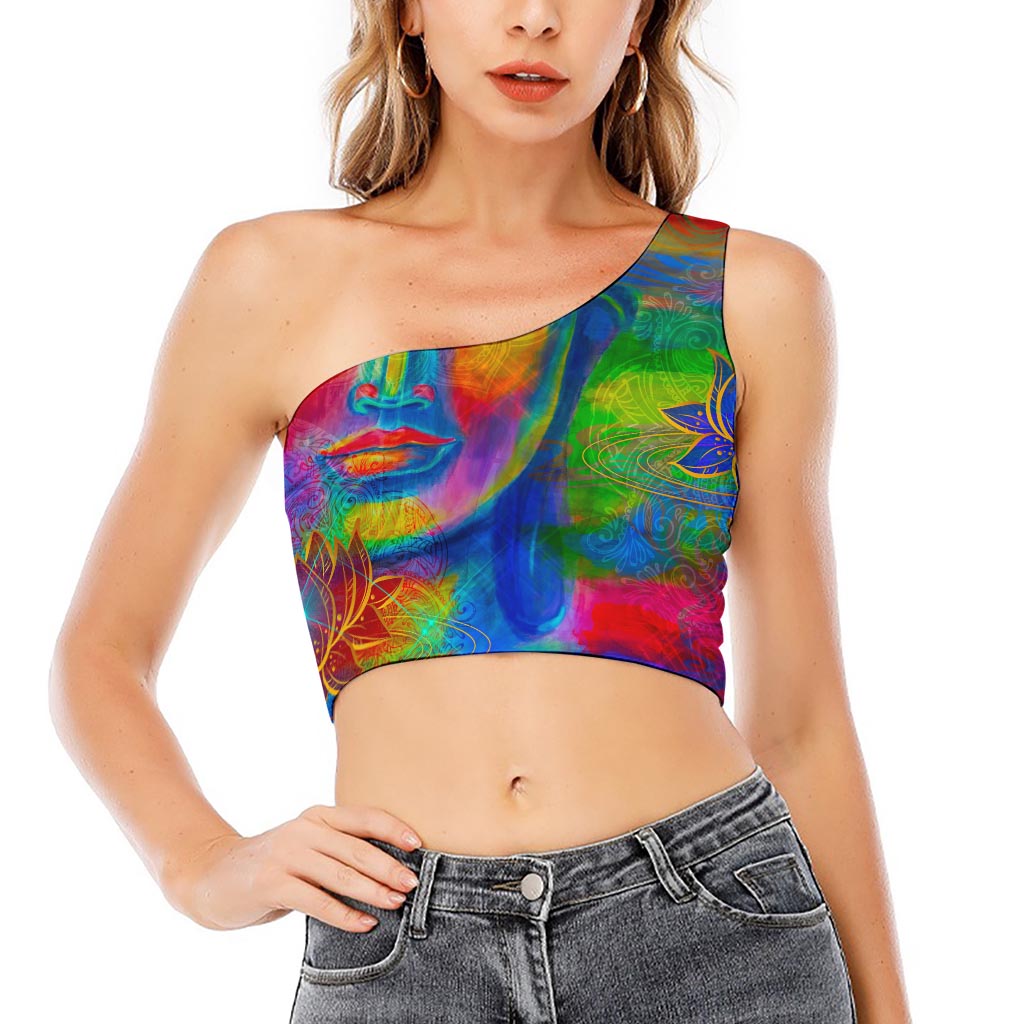 Colorful Buddha Print One Shoulder Crop Top