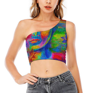 Colorful Buddha Print One Shoulder Crop Top