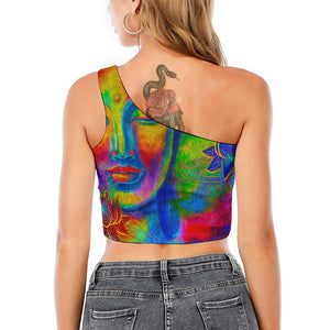 Colorful Buddha Print One Shoulder Crop Top